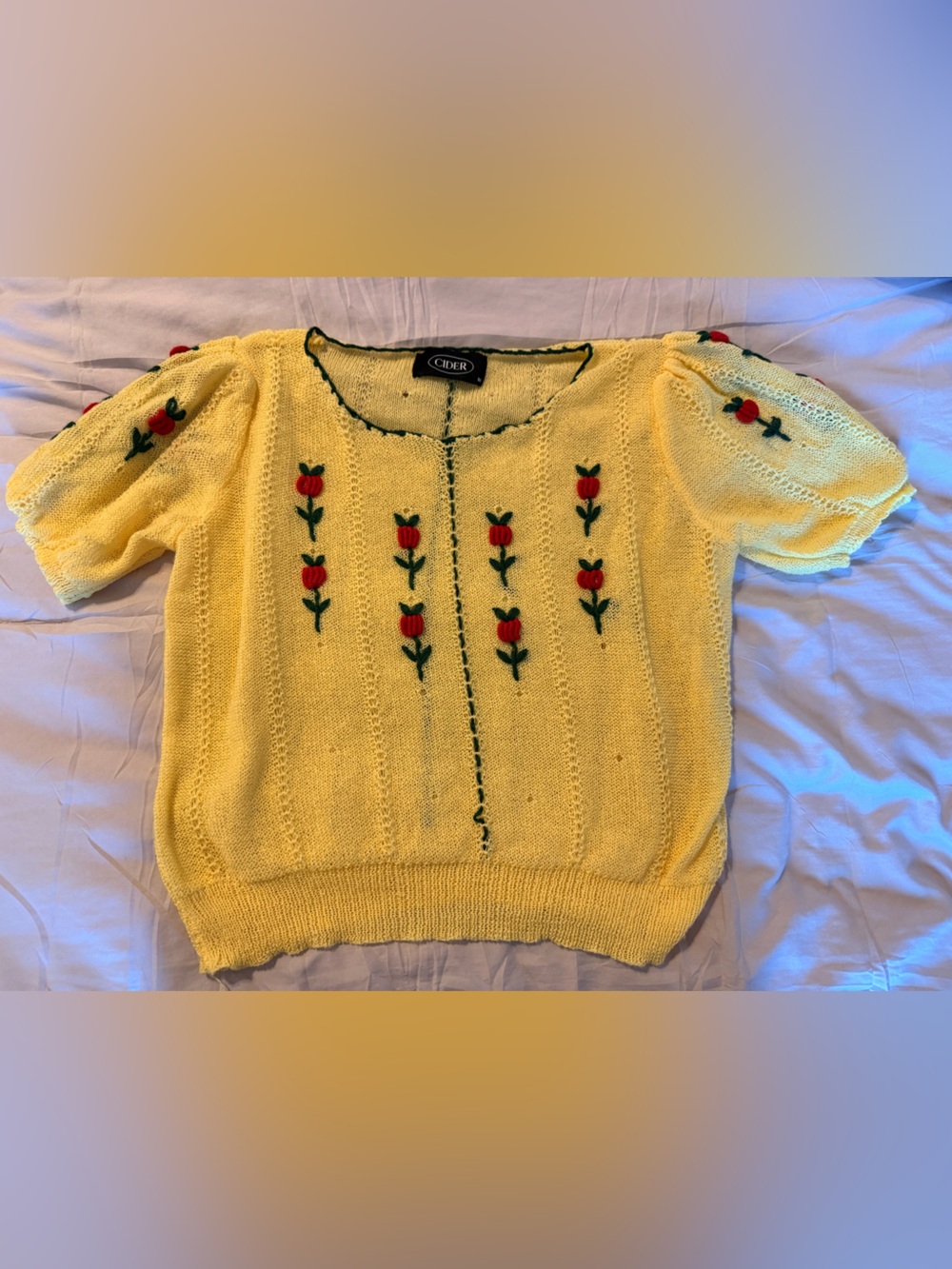 Cider Yellow Knit Scoop Neck Sweater with Red Rose Embroidery